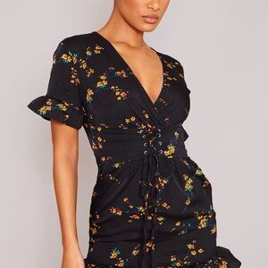 PrettyLittleThing Black Floral Lace-Up Waist Mini Dress